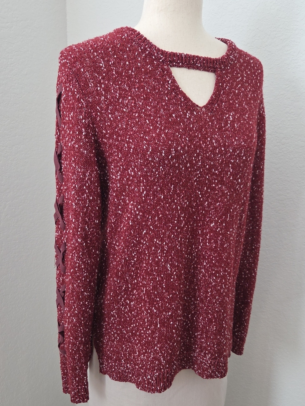 Rock & Republic Marled Cutout Crewneck Sweater - Burgundy Red Oversized Stitch